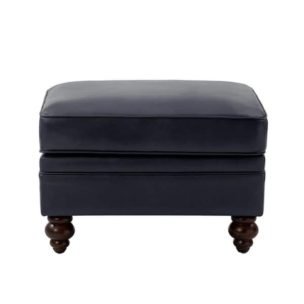 JAYDEN CREATION Hilario Navy 26.5 in. W Mid-century Modern Style Genuine Leather Ottoman with Wood Legs