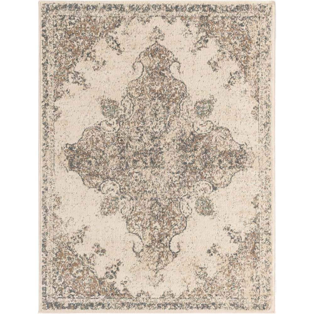 Cream and Beige Medallion Synthetic 9' x 12' Area Rug