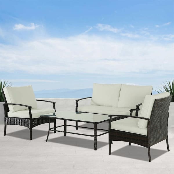 Unbranded 4-Piece Brown Wicker Outdoor Sectional Set, Rattan Outdoor Patio Set with Beige Cushions and Tea Table