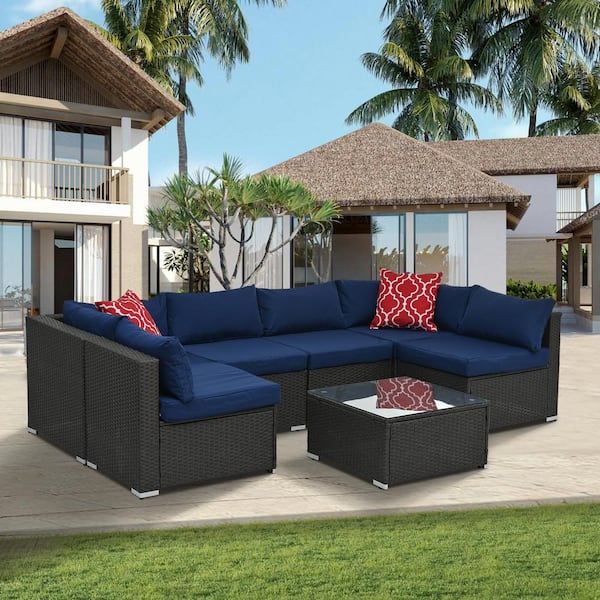 Sudzendf Dark Gray 7-Piece Outdoor Wicker Patio Conversation Set with Navy Blue Cushions and Glass Coffee Table