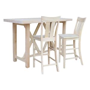 3-Piece Set - Unfinished 72 in Solid Wood Bar Table with 2 Bar Stools