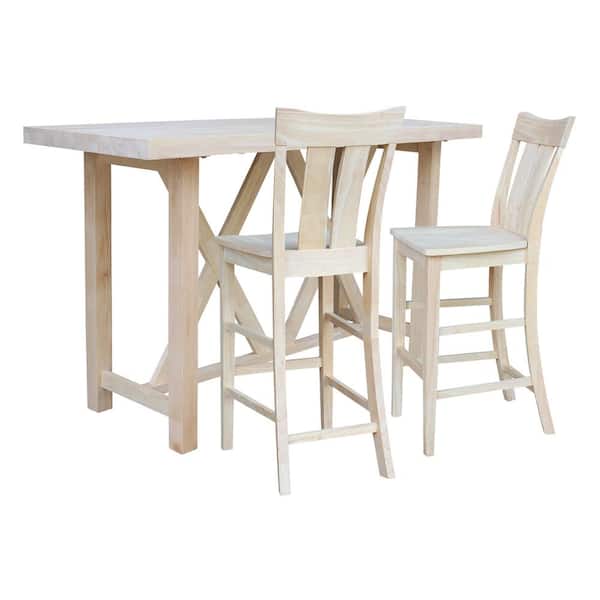 International Concepts 3-Piece Set - Unfinished 72 in Solid Wood Bar Table with 2 Bar Stools
