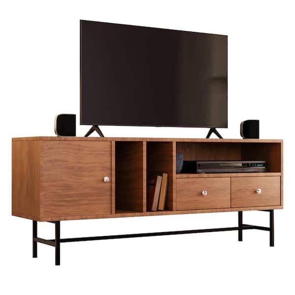 Leisuremod Rochester Modern Rectangular TV Stand with Enclosed Storage and Powder Coated Iron Legs Walnut RTS60NW