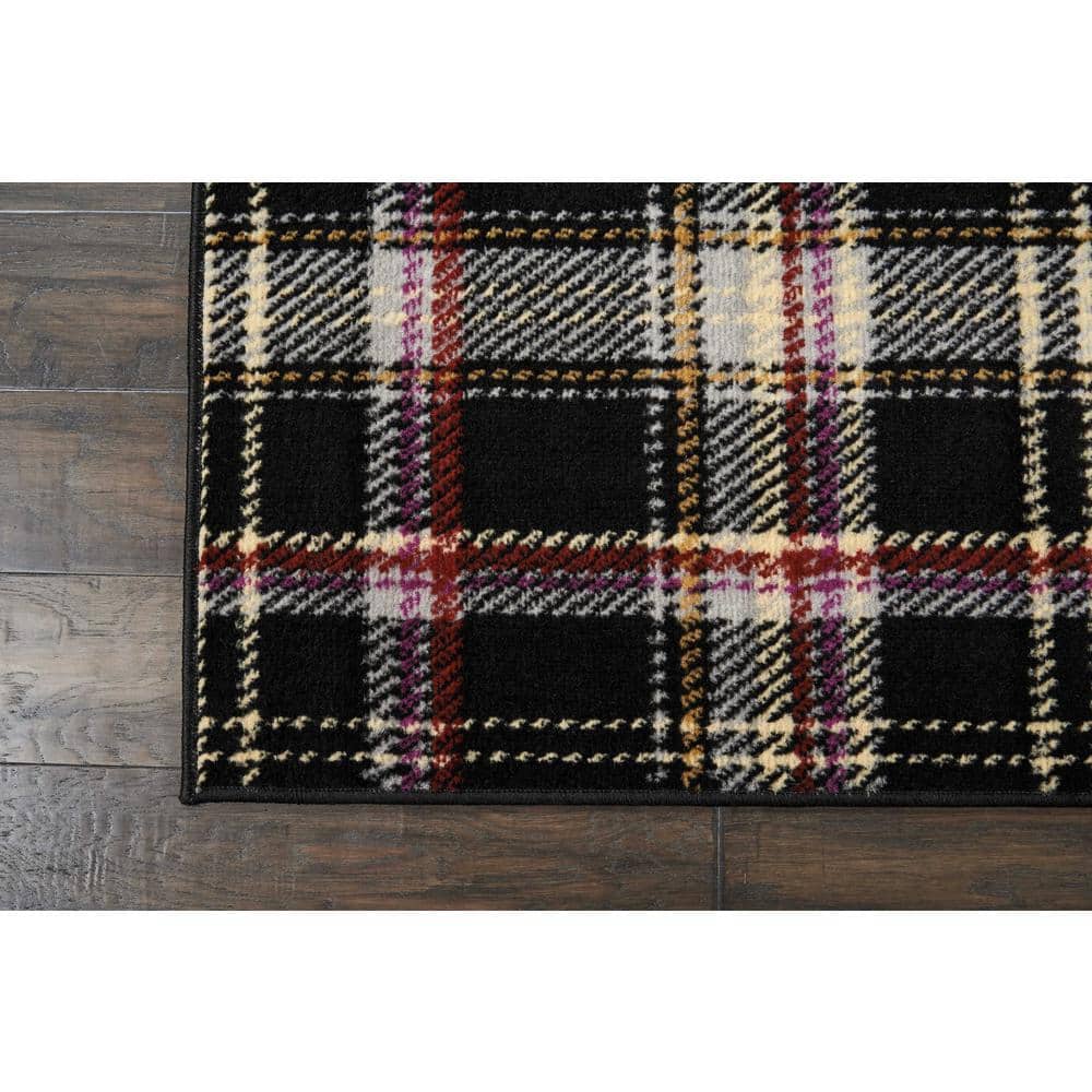 Hand-Knotted Black Plaid 8' x 10' Synthetic Area Rug