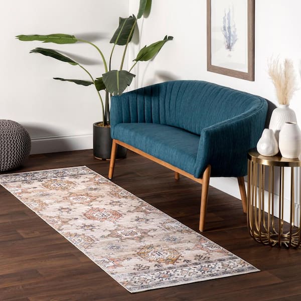Finley Machine Washable Beige 2 ft. x 6 ft. Distressed Persian Runner Rug