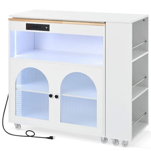 GQB White Wood Top 41 in. Rolling Kitchen Island with Extended Table Wheels LED Lights Fluted Glass Doors Power Outlets