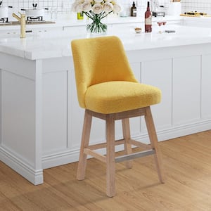 26 in. Stain Resistant Boucle Fabric Upholstered Cushioned Counter Height Bar Stool w/ 360° Swivel Wood Frame in Mustard