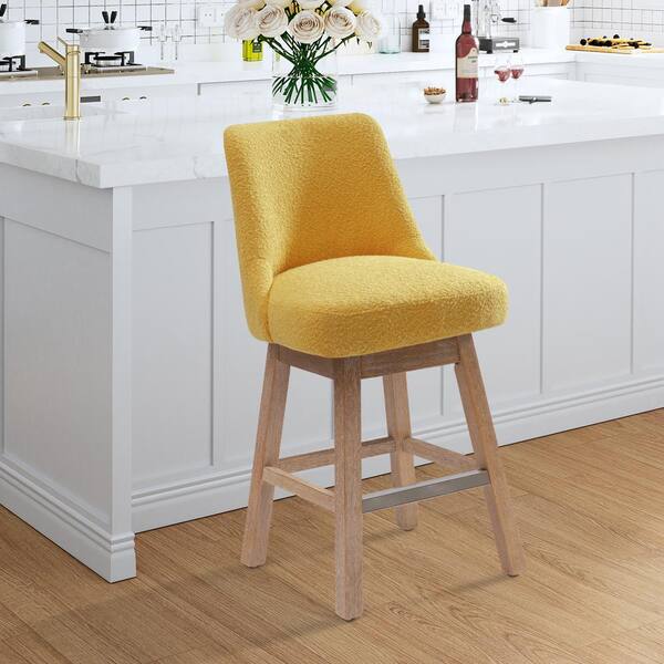 26 in. Stain Resistant Boucle Upholstered Counter Height Wood Frame Swivel Bar Stool in Mustard