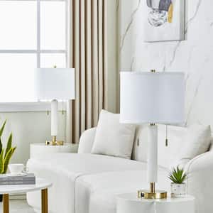 Concord 26.25 in. 2-Light Dolomite and Gold Modern Minimalist Table Lamp with White Fabric Drum Shade (Set of 2)