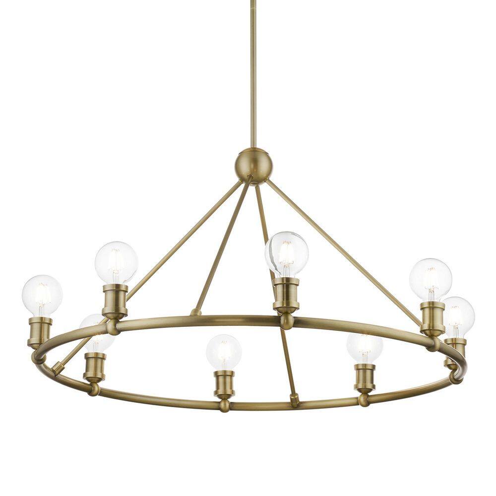 Antique Brass 8-Light Chandelier with Exposed Bulbs