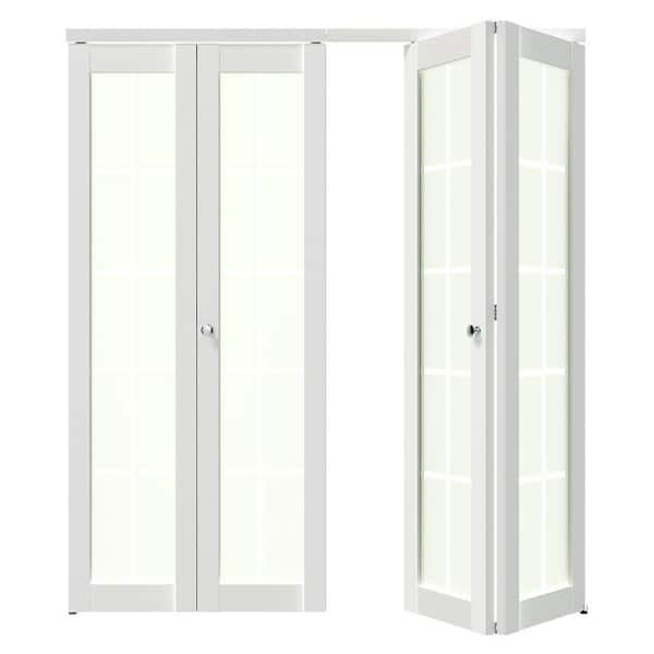 72 in x 80 in, Frosted Glass, Solid Core, White, 10-Lite, MDF Wood, PVC Covering Bi-fold Doors with Hardware Kits