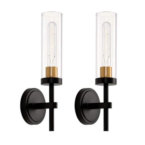 5 in. 1-Light Black Gold Bathroom Wall Sconces with Clear Glass, Modern Wall Lighting for Bathroom Bedroom, 2-Pack