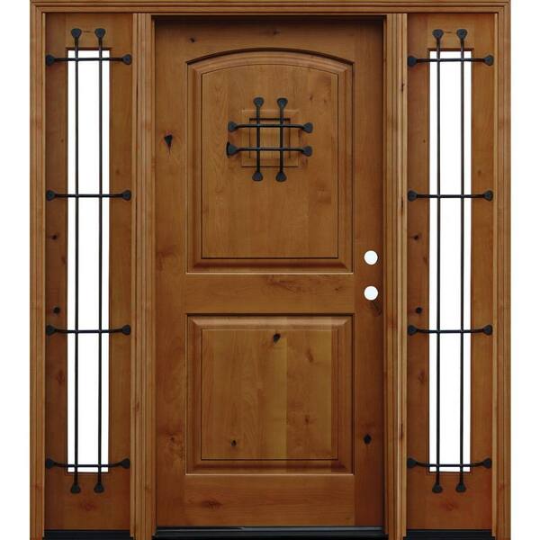 Pacific Entries 66 in. x 80 in. Arched 2-Panel Stained Knotty Alder Wood Prehung Front Door w/ 6 in. Wall Series & 12 in. Sidelites