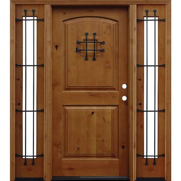 Pacific Entries 70 in. x 80 in. Arched 2-Panel Stained Knotty Alder Wood Prehung Front Door w/ 6 in. Wall Series & 14 in. Sidelites