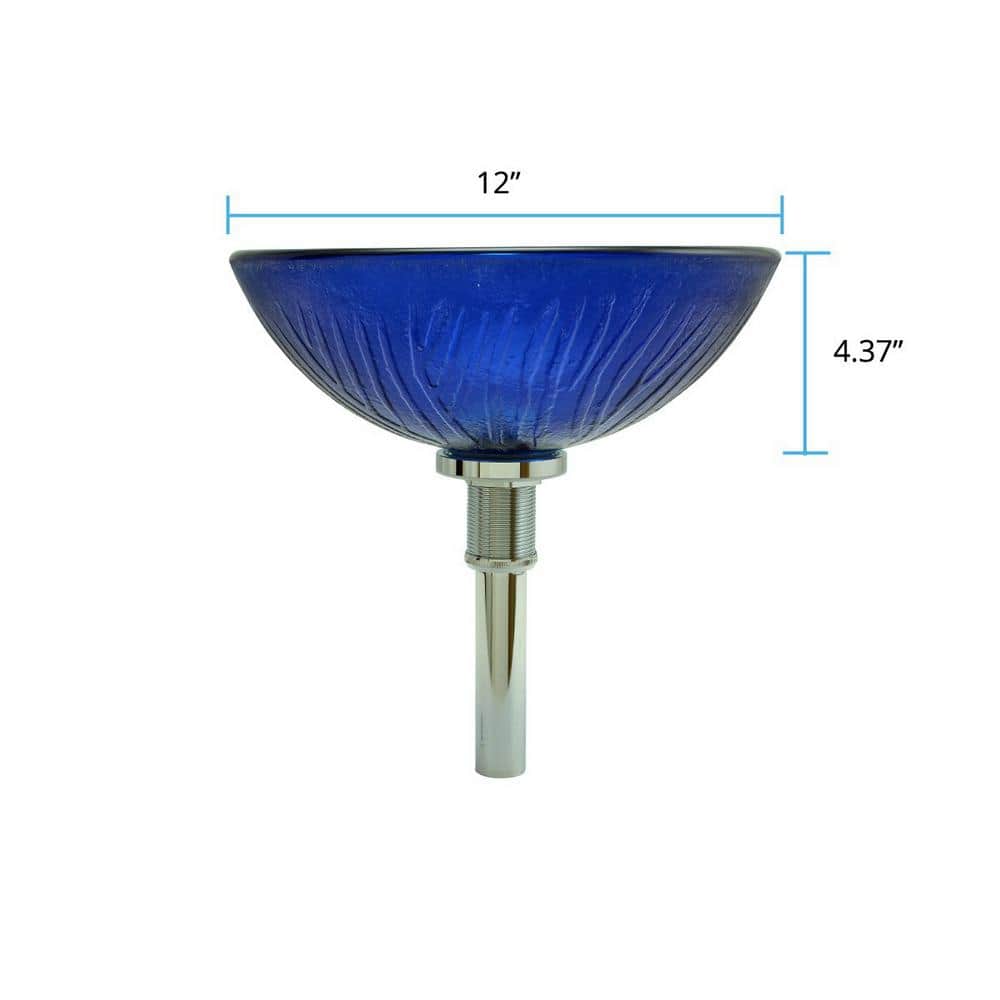 Royal Blue Tempered Glass Round Vessel Sink with Chrome Drain
