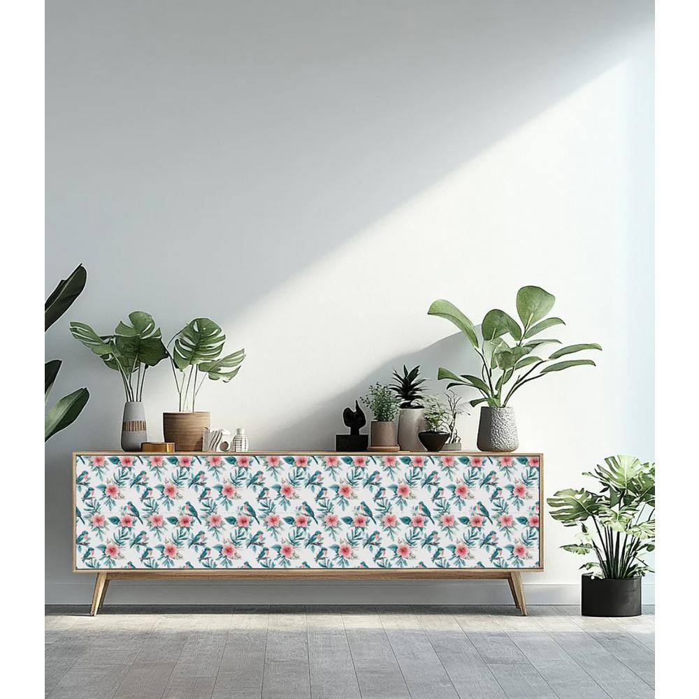 Seagreen and Pink Floral Bird 4x4 Vinyl Tile Stickers