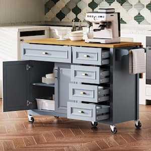 Blue Wood 52 in. Kitchen Island with Spice Rack, Towel Rack, 2-Doors and 5-Drawers, Kitchen Cart with Adjustable Shelf