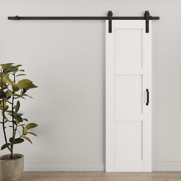 18 in. x 80 in. White 3-Panel Blank Solid Core Composite MDF Wood Primed Sliding Barn Door with Hardware Kit