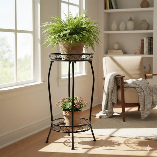 Black Finish Tall Metal Plant Stand 2 Tier 27.1 Inch Stable Rustproof Flower Pot Rack Indoor Outdoor Heavy Duty Shelf