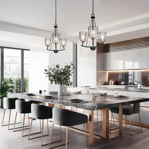 3-Light Black Chandelier with Clear Glass Shades