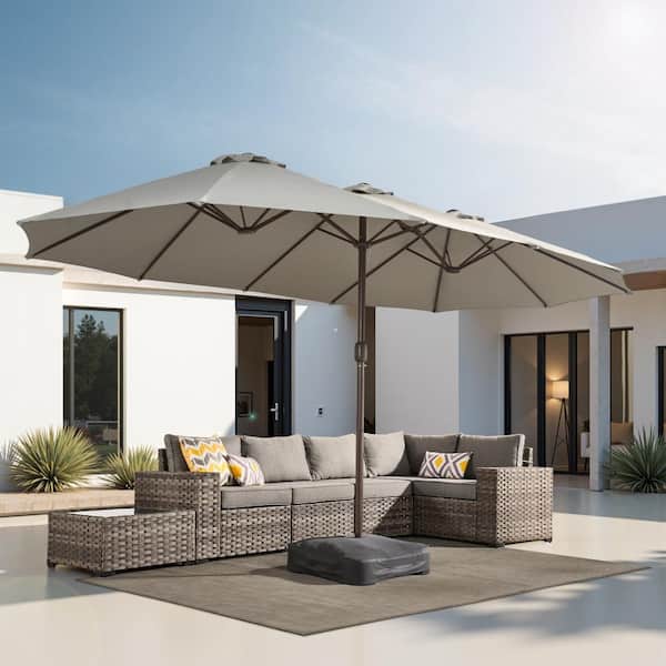 15 ft. × 9 ft. Rectangular Metal Double-sided Market Patio Umbrella with Base and Crank in Light Gray