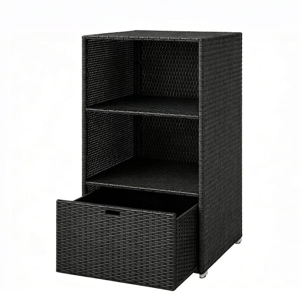 Dark Brown Wicker Outdoor Storage Chest with 2 Shelves & Drawer, Water-Resistant Towel Organizer, Poolside Storage Rack