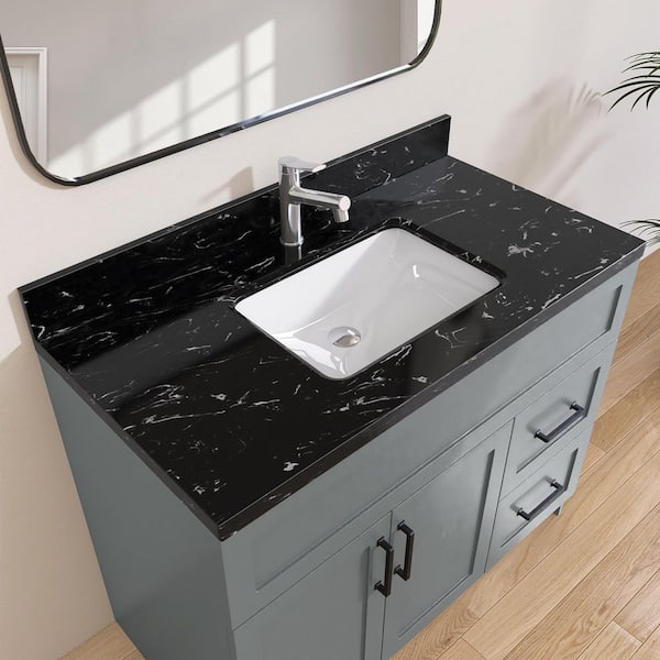 Fyui 42 in. W x 22 in. D Engineered Stone Vanity Top Rectangular Single Sink White Sink Bathroom Vanity Top in Black