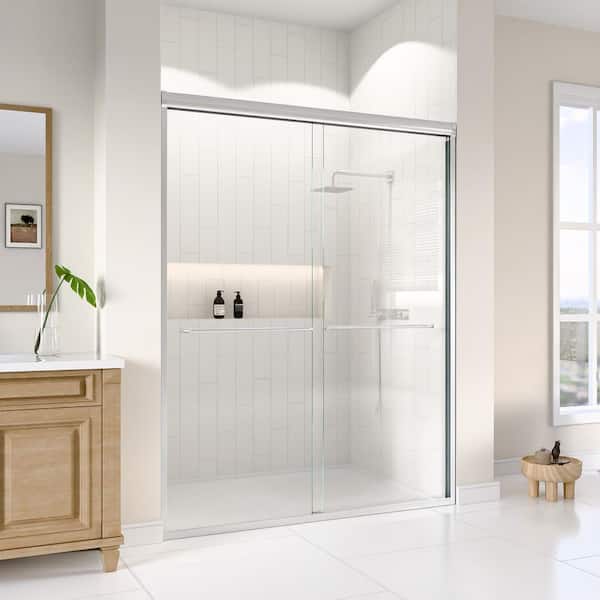 60 in. W x 72 in. H Double Sliding Framed Shower Door in Brushed Nickel with SGCC 5/16 in. (8 mm) Tempered Clear Glass