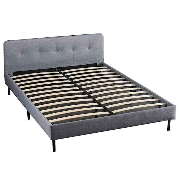 3 Size Linen Upholstered Metal Bed Frame Platform Furniture Wood Slats Black 