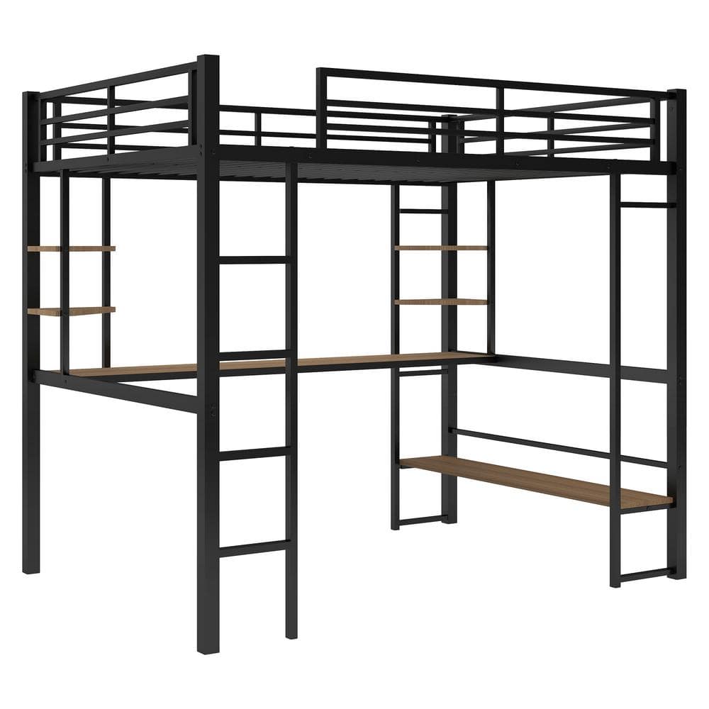 Athmile Black Full Size Loft Bed With Long Desk And Shelves Gz 