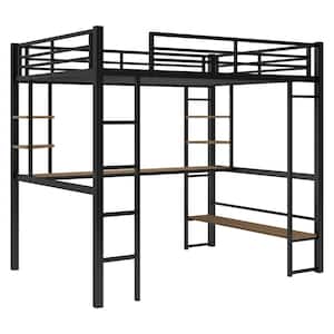 Black Full Size Loft Bed with Long Desk and Shelves