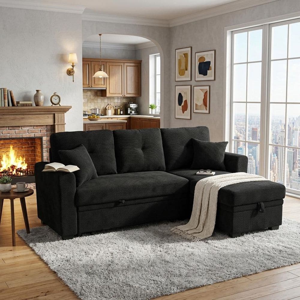 71 in. Black Polyester Tufted L-Shaped Twin Size Pull Out Convertible Sofa Bed with Storage Function price history on PriceWatchPro