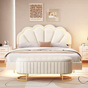 2-Piece Beige Queen Wood Bedroom Set Velvet Upholstered LED Platform Bed Frame with Storage Ottoman