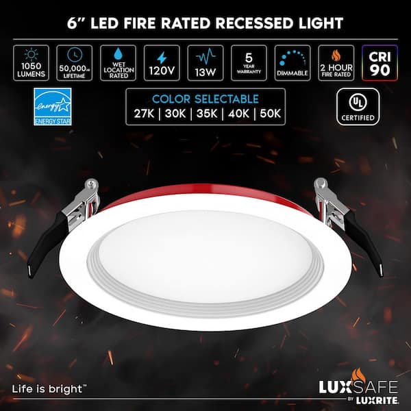 6 in. Integrated LED Recessed Light Fire Rated 5CCT, 2-Hour Fire Rating 1050LM Dimmable Baffle IC Wet Rated UL 12-Pack