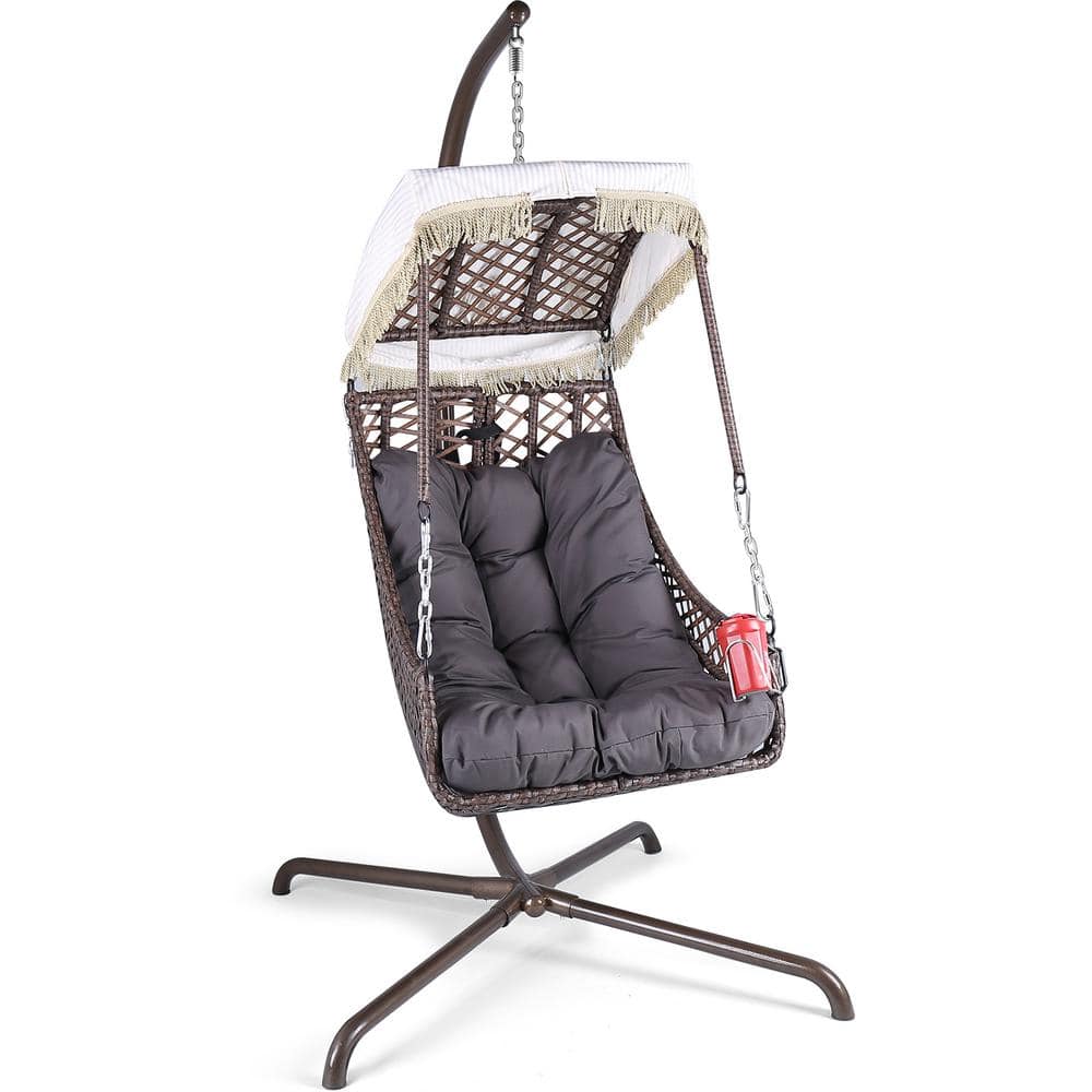 1-Person Wicker Patio Swing with Sunshade Cloth, Indoor Outdoor Egg Chair w