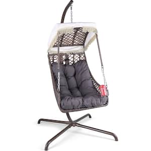 1-Person Wicker Patio Swing with Sunshade Cloth, Indoor Outdoor Egg Chair with Stand, Hammock Chair, Gray Cushions