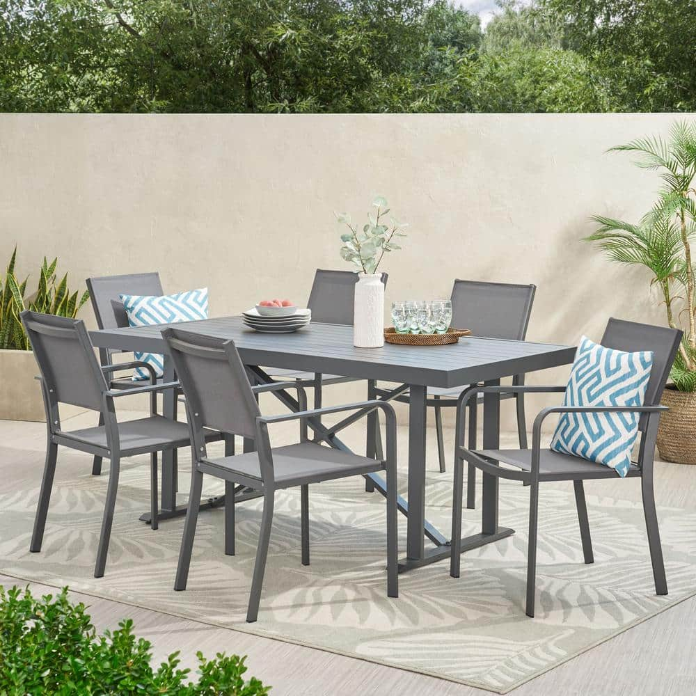 Noble House Odom Grey 7-Piece Metal Rectangular Outdoor Dining Set ...