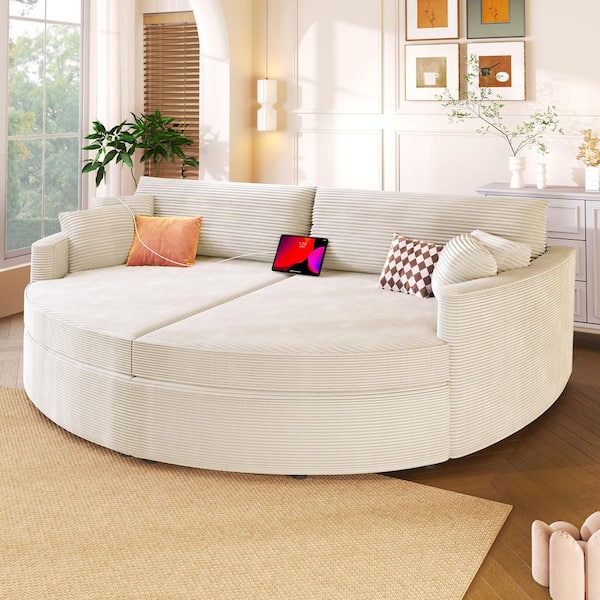 102.3 in. Corduroy 2 Seats Upholstered Loveseat Sofa in Beige with USB Ports and Deep Seat