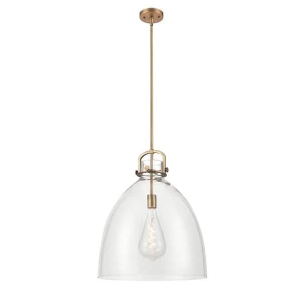 Newton Bell 1-Light Brushed Brass Shaded Pendant Light with Clear Glass Shade