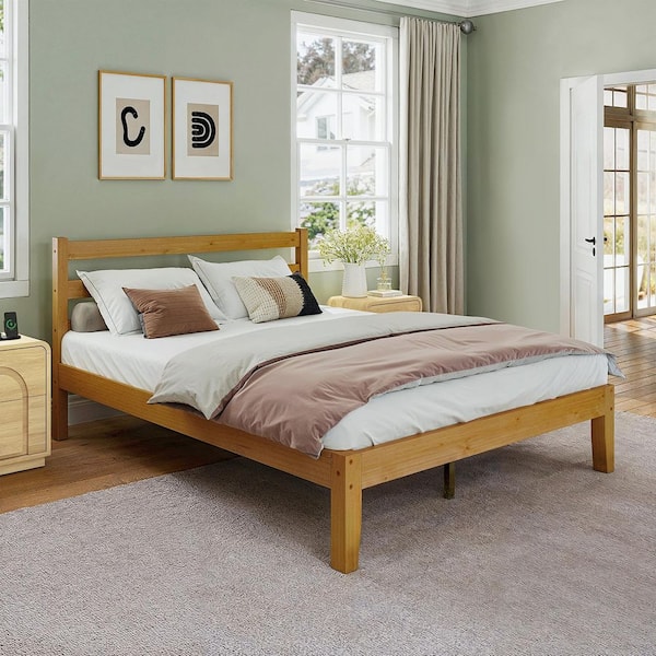 Mid Century Pine Natural Brown Solid Wood Frame King Size Platform Bed with Headboard