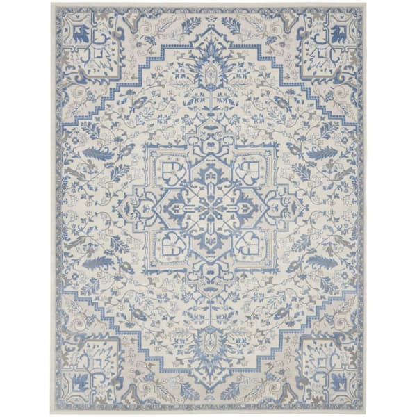 HomeRoots 8 ft. x 10 ft. Ivory and Blue Floral Non Skid Area Rug ...