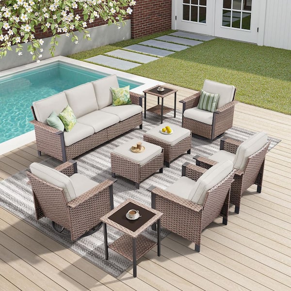 9-Piece Wicker Patio Conversation Sets with Lounge Chairs and Storage, Outdoor Furniture Sets with Beige Cushions