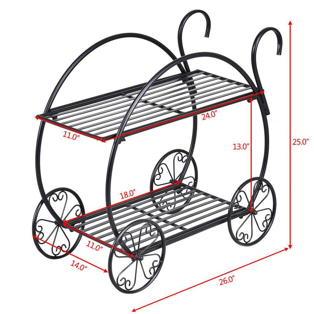 Black Steel Two-Tiered Indoor/Outdoor Plant Stand with Decorative Wheels