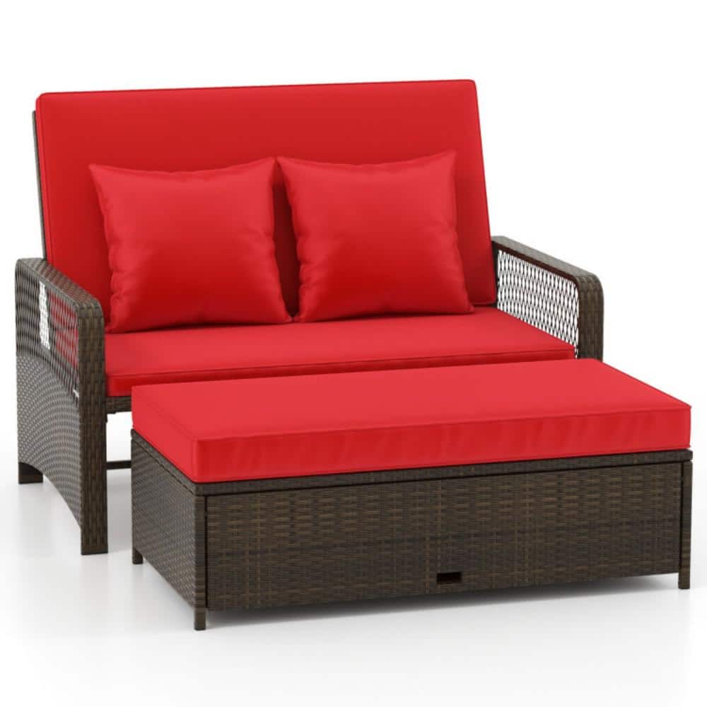 Red Adjustable Rattan Loveseat with Multifunctional Ottoman