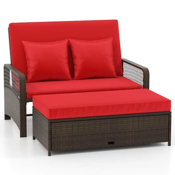 (2-Piece) Rattan Wicker Outdoor Day Bed Patio Sofa with 4-Level Backrest and Red Soft Cushions, Multifunctional Ottoman