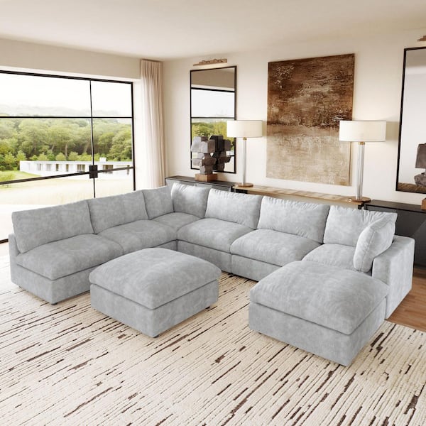 Oversized 134 in. Square Arm 8-Piece Chenille Modular Sectional Sofa with 2-Chaise Ottomans, Detachable Coves in. Gray