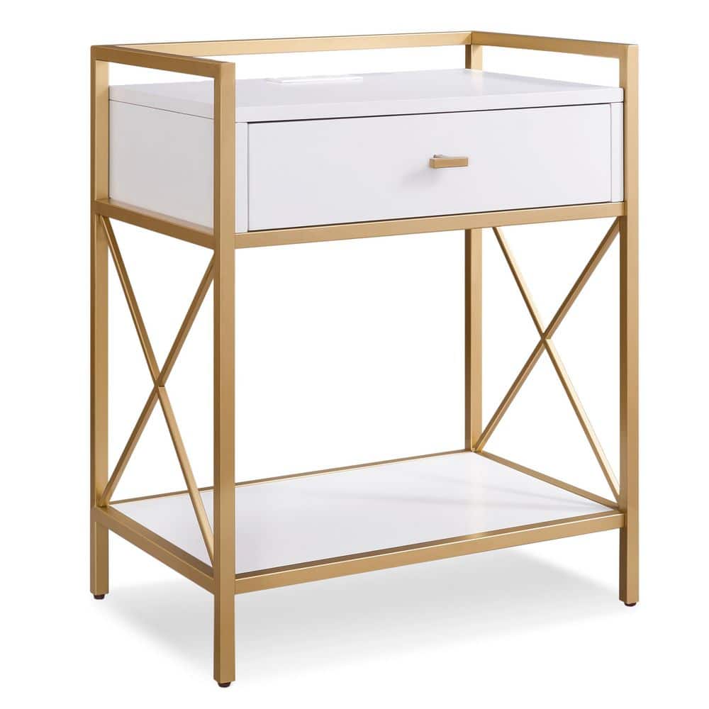 Claudette 24 in. W x 30 in. H White and Satin Gold Wood and Metal Nightstand with AC/USB Outlets and 1-Drawer and Shelf
