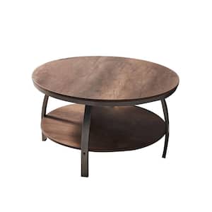 35 .43 in. L Barnwood Color 19.29 in. H 2-Tier Double Panel Round Wood Coffee Table with Metal Legs and Storage Shelf