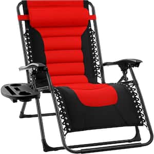 Oversized Padded Zero Gravity Red/Black Metal Reclining Outdoor Lawn Chair w/Side Tray