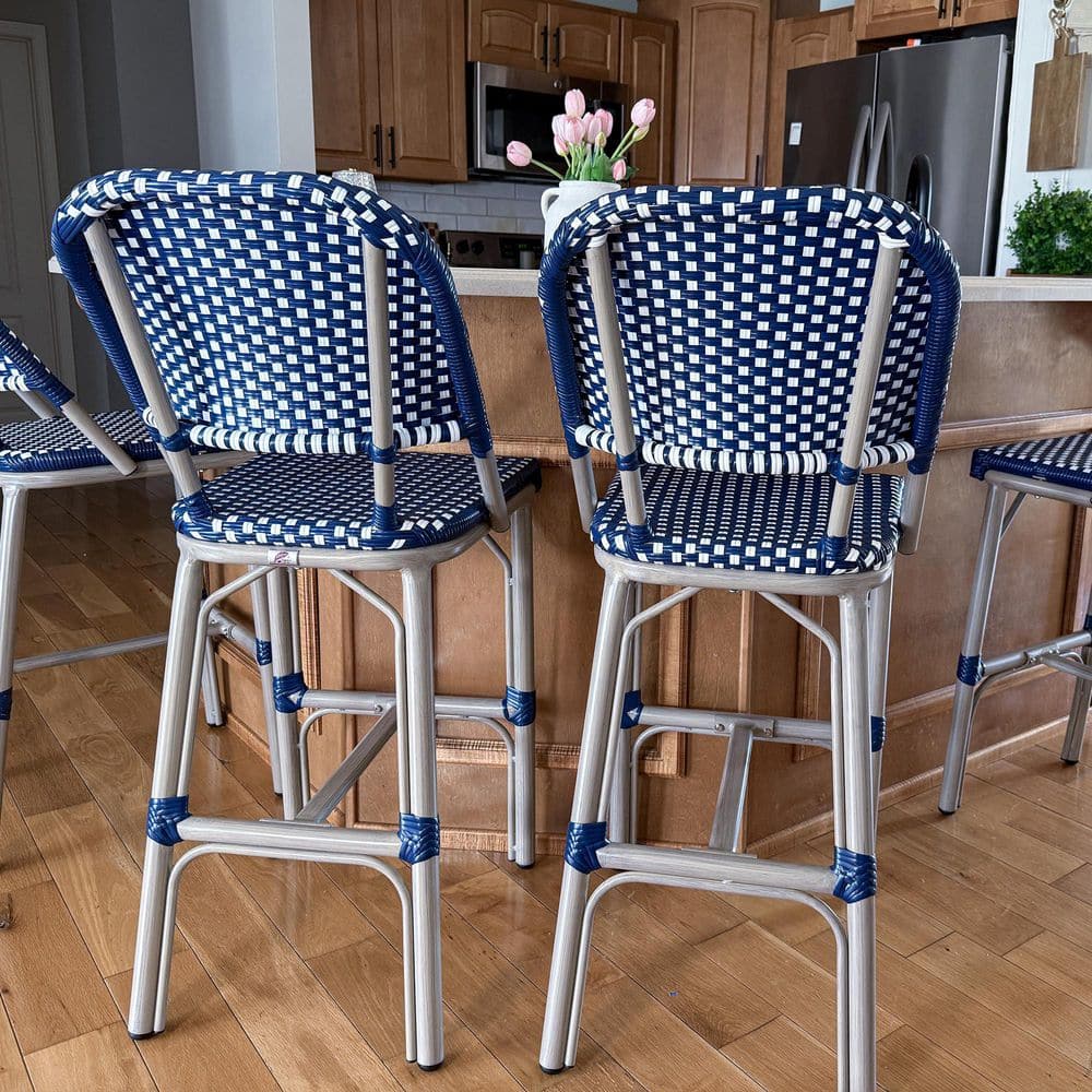 French Rattan Aluminum  Outdoor Counter Height Stools Bar Stool with Grey Finish for Porch Garden Set of 2, Navy Blue price history on PriceWatchPro